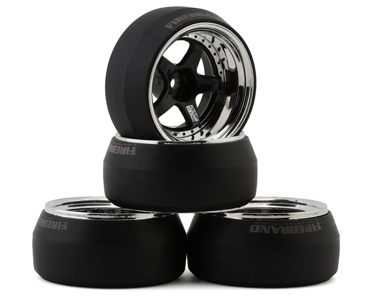 Firebrand RC Element-DSR 1/10 Drift Wheel Kit w/HDPE Tires (Blk/Chrome) (4) 0deg