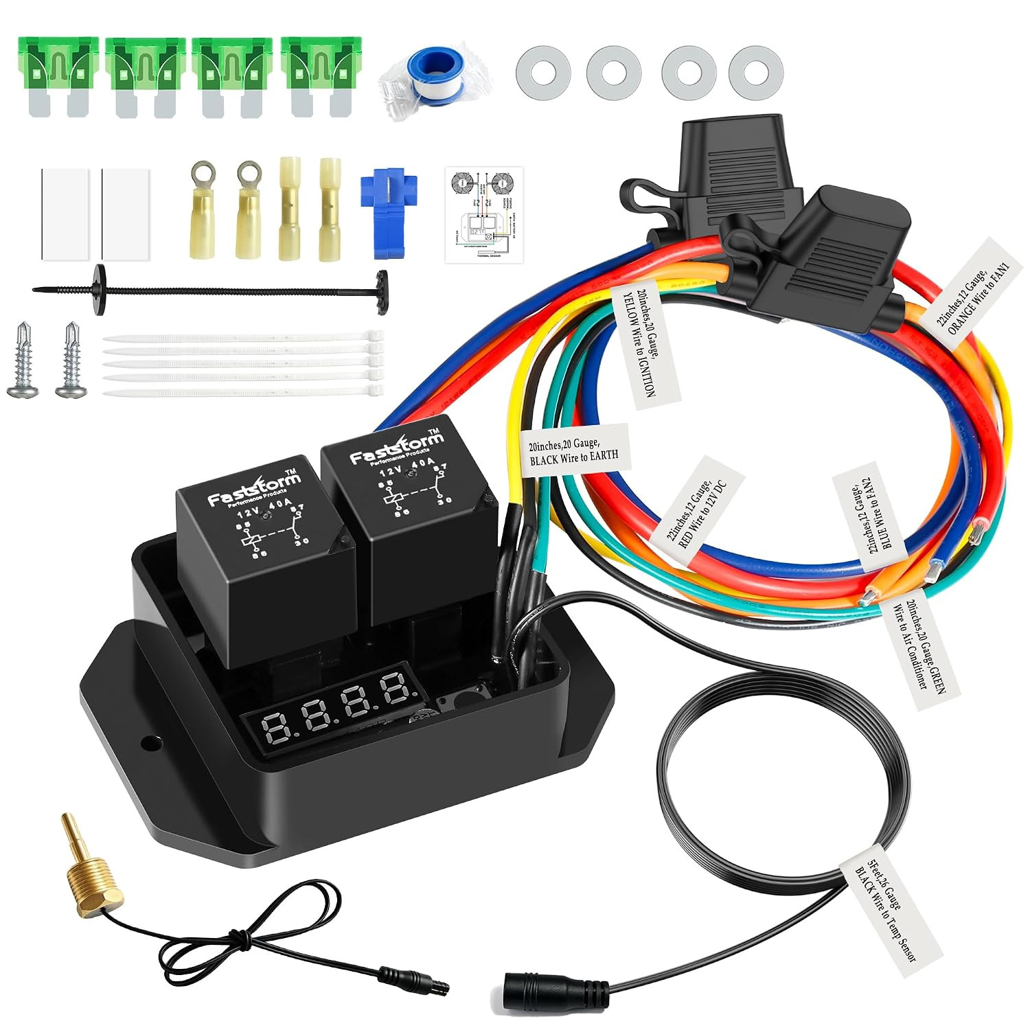 12V-24V Digital Adjustable Dual Electric Radiator Fan Thermostat Switch Kit