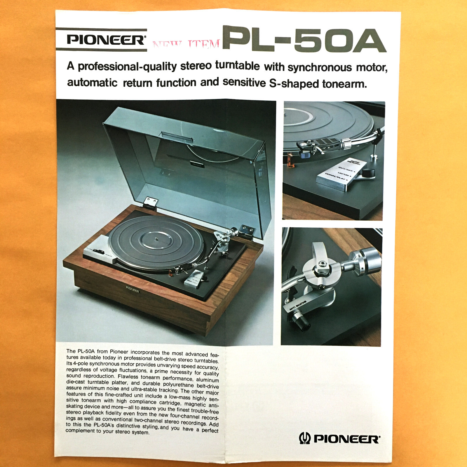 Genuine 1972 Pioneer PL-50A Turntable Sales Brochure - ORIGINAL -