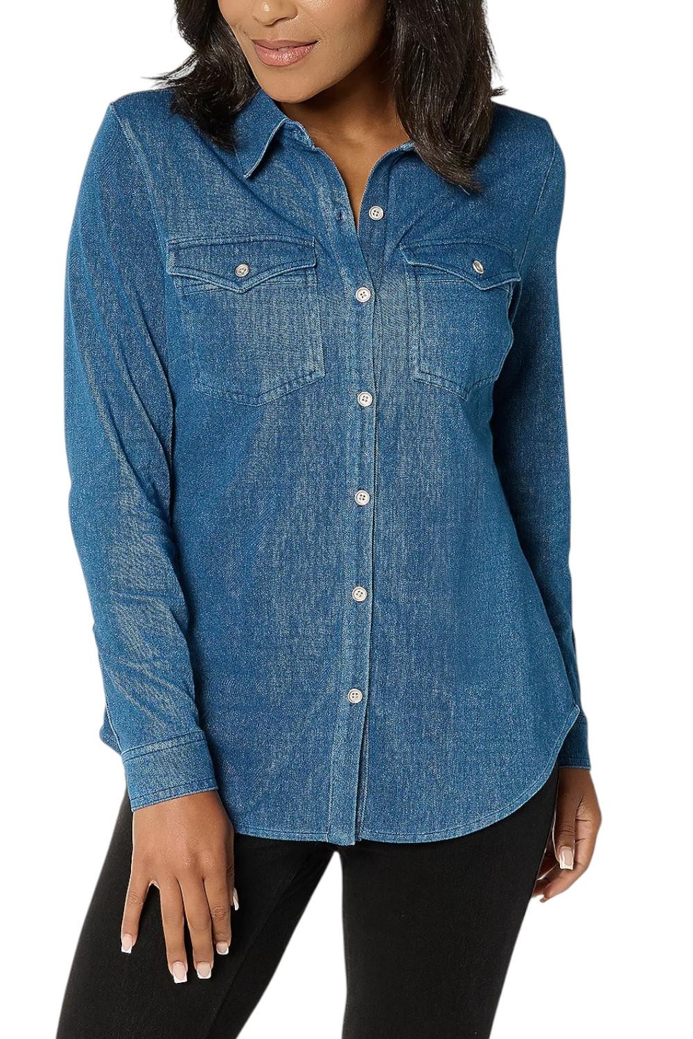 Susan Graver Women's Cool Touch Denim Button Front Shirt Medium Wash