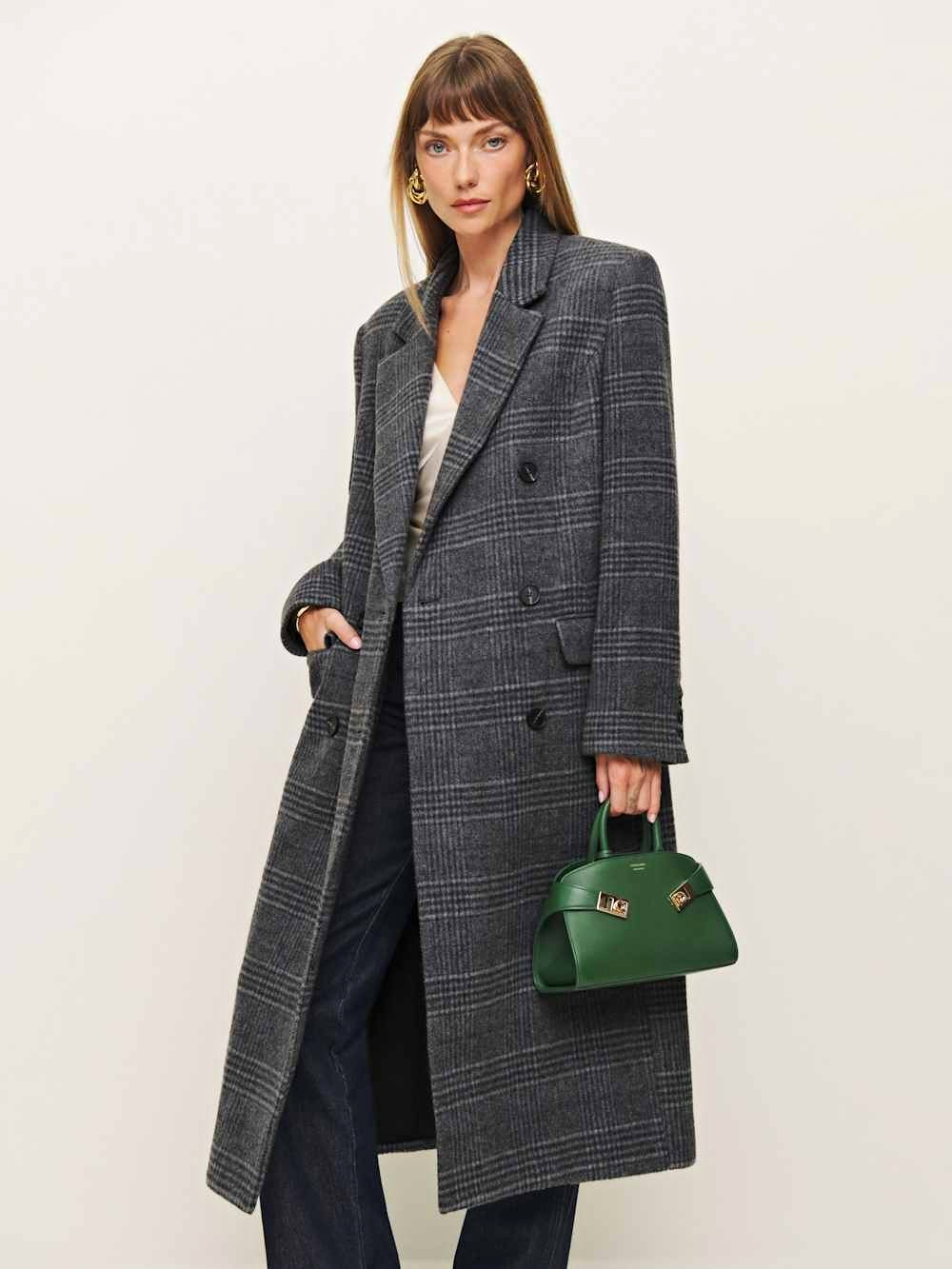 Reformation Lucas Coat Petites PM Gray Plaid Wool Double Breasted Long Overcoat Reformation Lucas Coat Petites PM Gray Plaid Wool Double Breasted Long Overcoat