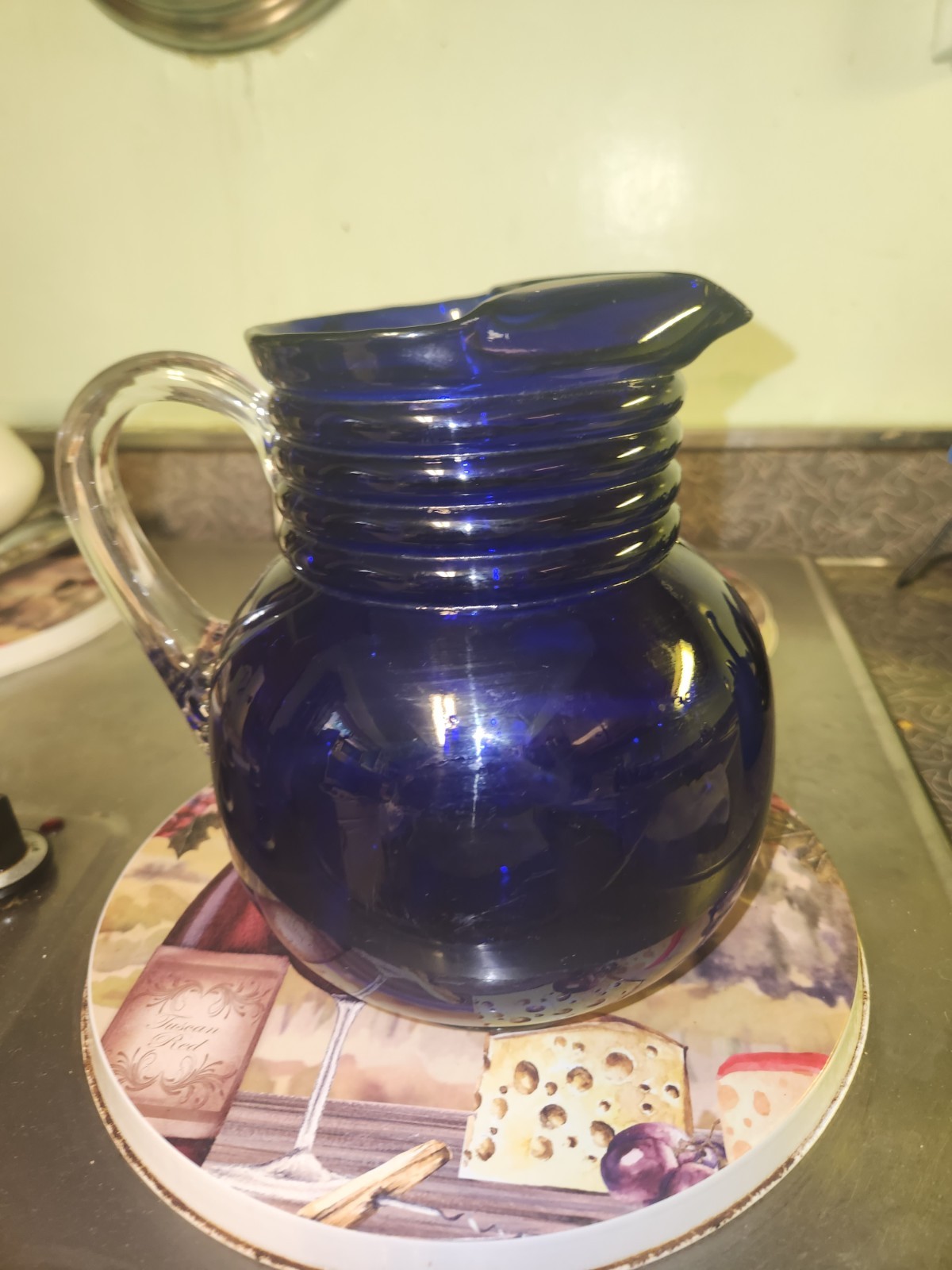 Vintage Cobalt Blue Glass Water Pitcher Ice Lip 4 Ring Ribbed Neck Clear Handle Vintage Cobalt Blue Glass Water Pitcher Ice Lip 4 Ring Ribbed Neck Clear Handle