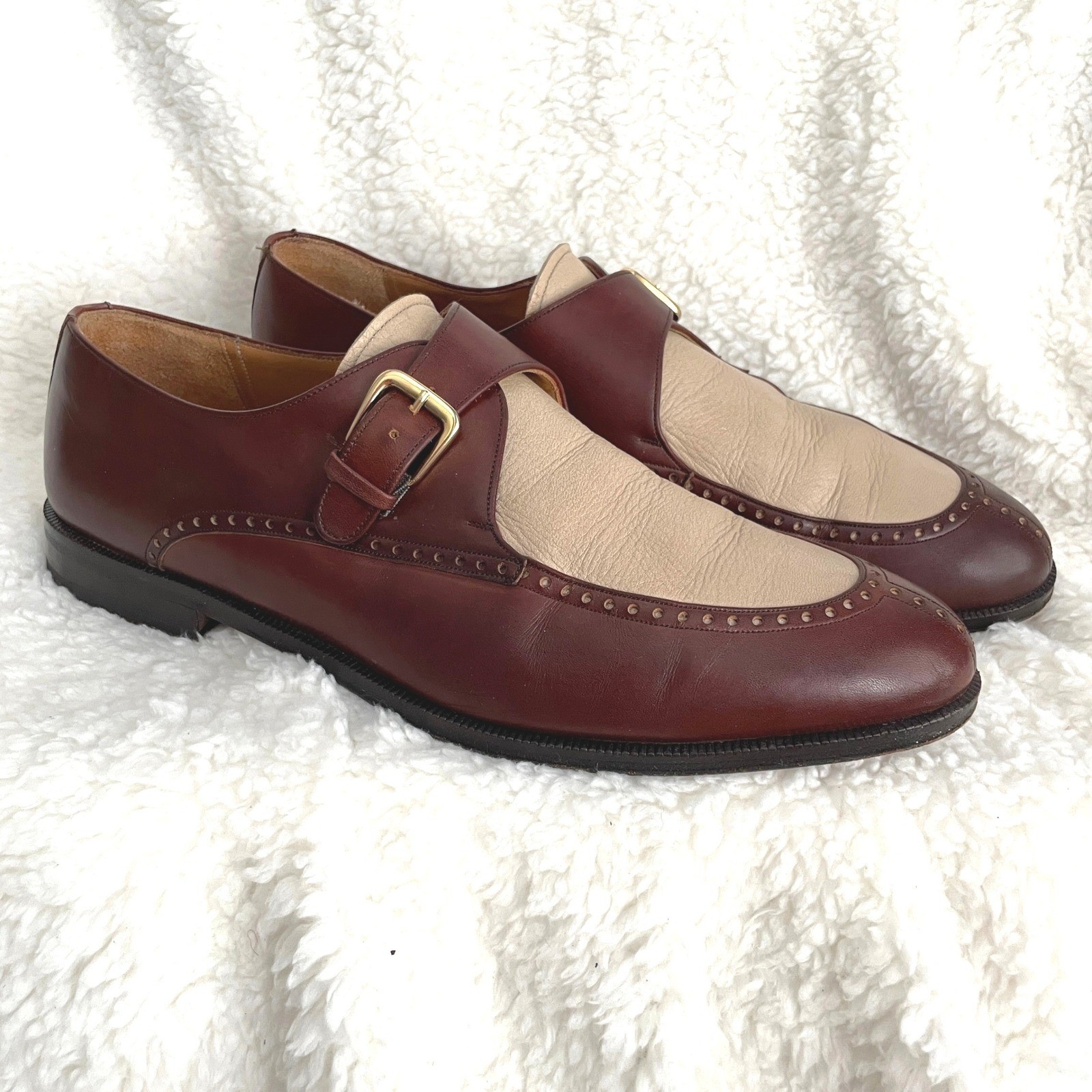 Mezlan Leather Mens Sz 11 Two Tone Cream Brown Monk Strap Shoes Vintage