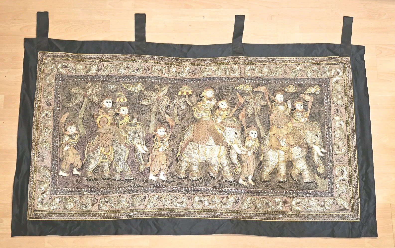 Vintage Kalaga Burmese Myanmar High Relief Padded Embroidered Golden Stitch Lrg