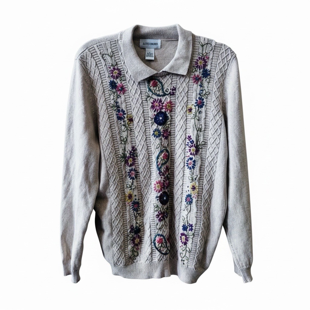 VTG Express TriCot Granny Sweater Sz L Embroidered Hand Knit V-neck Cream VTG Express TriCot Granny Sweater Sz L Embroidered Hand Knit V-neck Cream