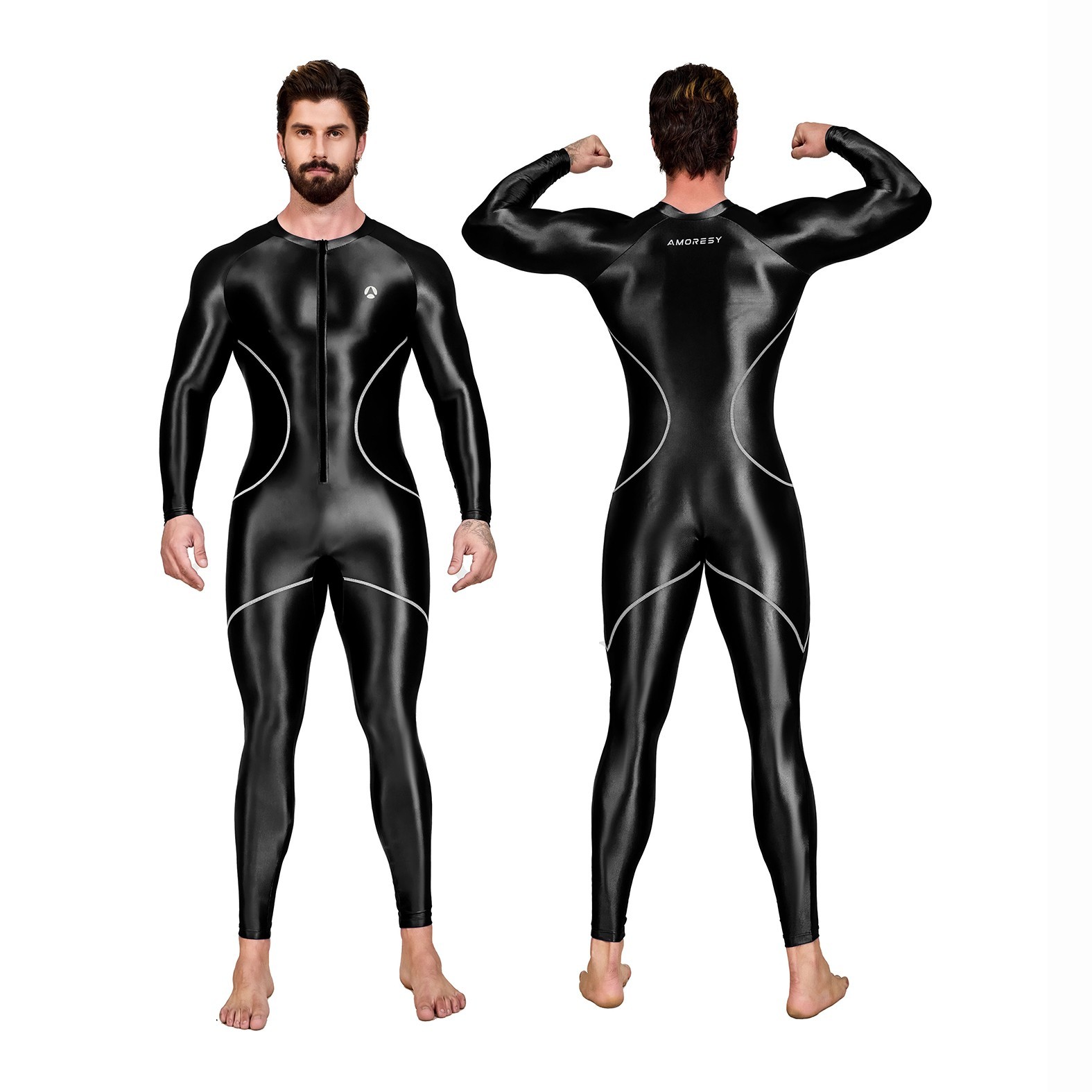 AMORESY Men's Shiny Glossy Swimsuit Jupsuits Fitness Sportswear Tights Overalls