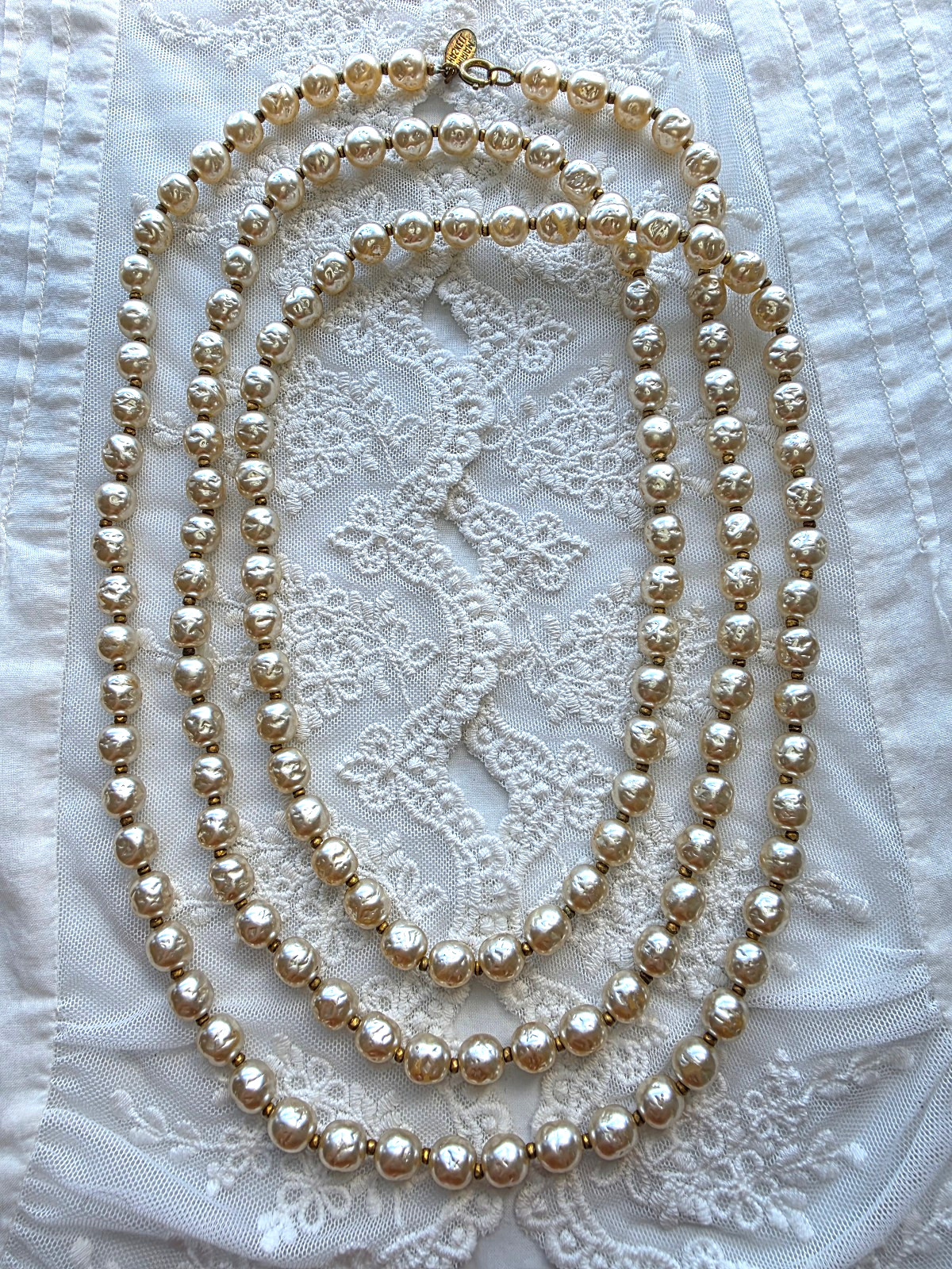 Vintage Signed Miriam Haskell Necklace Baroque Faux Pearls Gold Tone 60\