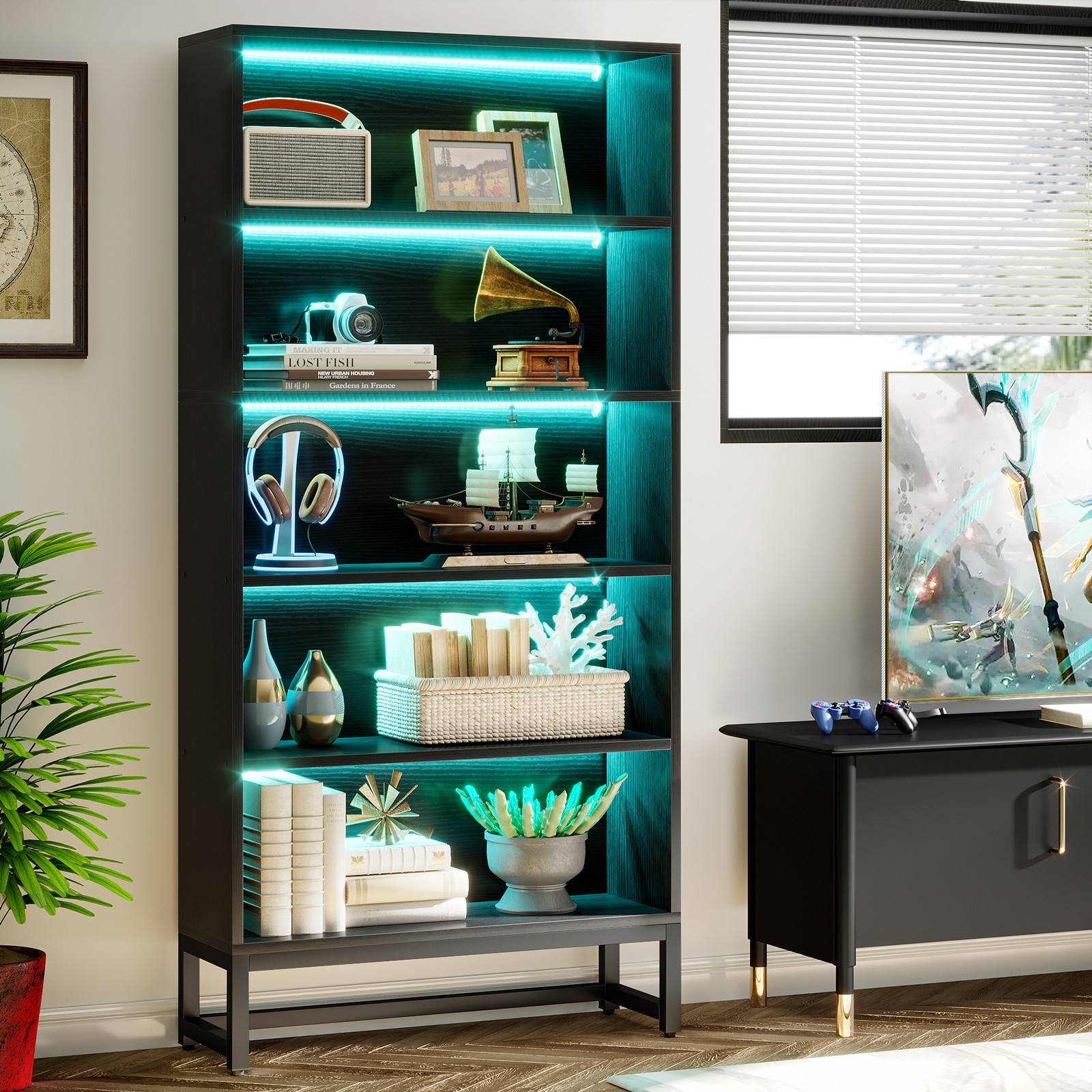 Wooden Black Bookshelf with LED Lights, 5-Tier Modern Bookcase Display Shelf Wooden Black Bookshelf with LED Lights, 5-Tier Modern Bookcase Display Shelf