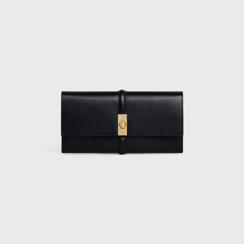 Celine Women\'s Black Leather Long Wallet Gold Turn Lock Bifold