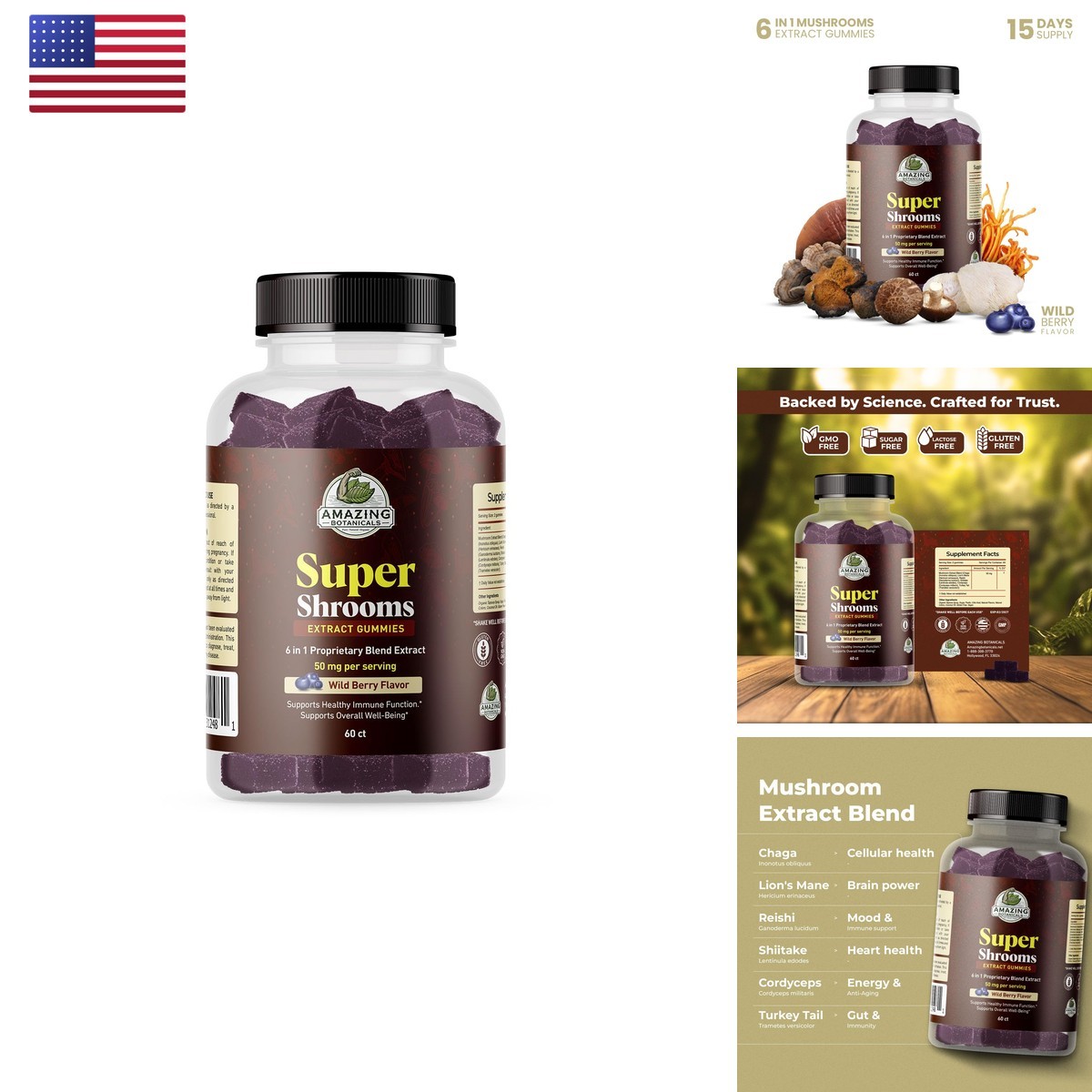 Amazing Botanicals Super Shrooms 6 in 1 Organic Mushroom Gummies Chaga Lion's