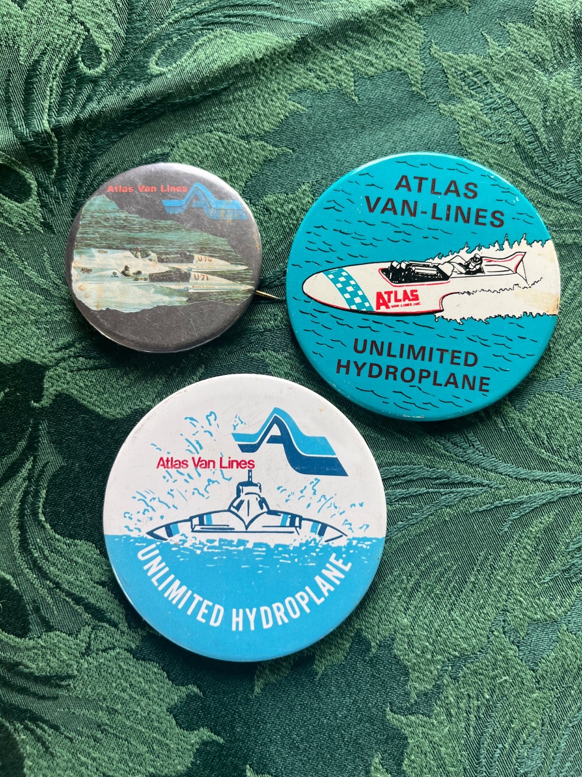 Three Vintage Atlas Van-Lines Hydroplane Speedboat Racing Pinback Pin Three Vintage Atlas Van-Lines Hydroplane Speedboat Racing Pinback Pin