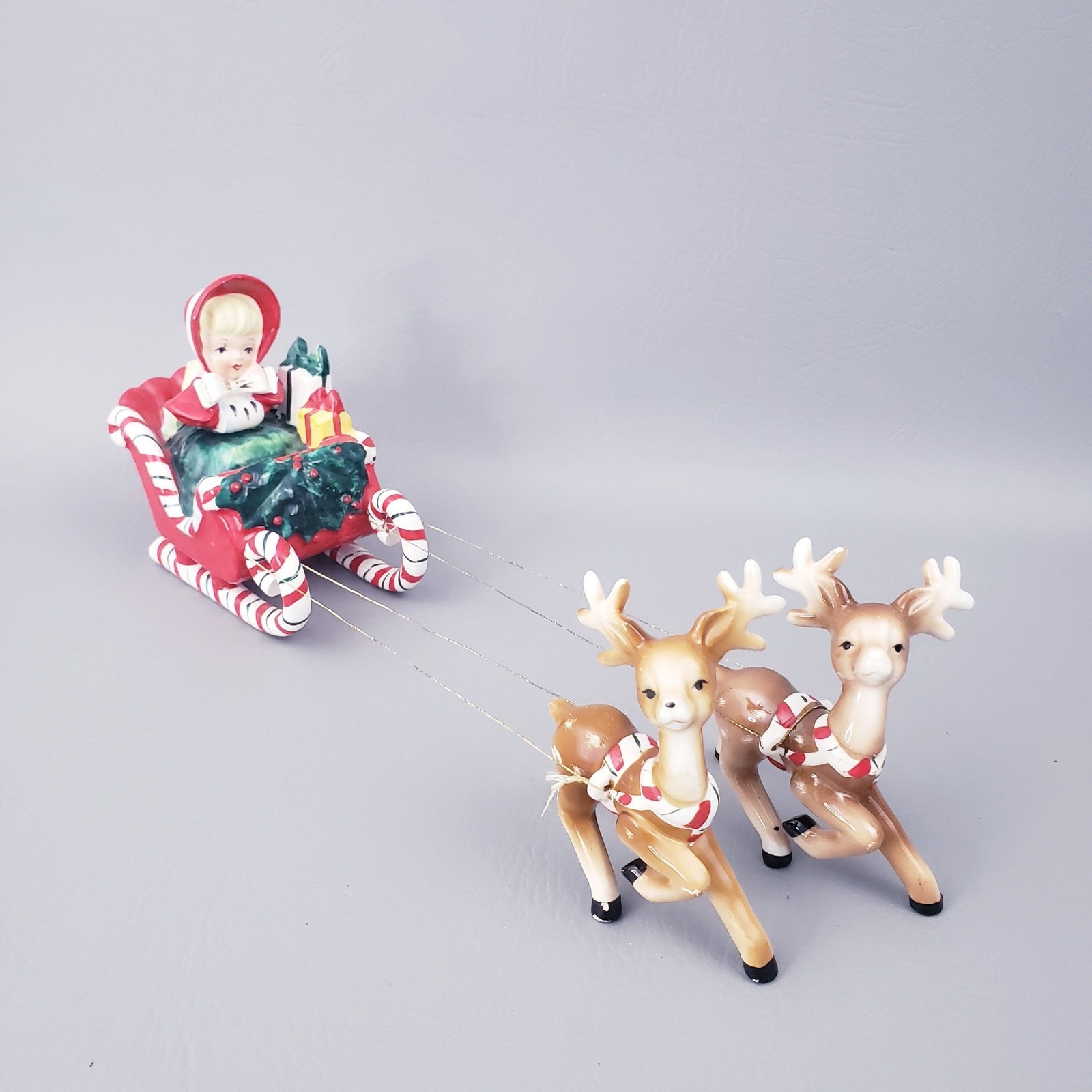 Leftons Vintage 1957 Christmas Figurine Set, Girl In Sleigh With Two Reindeer