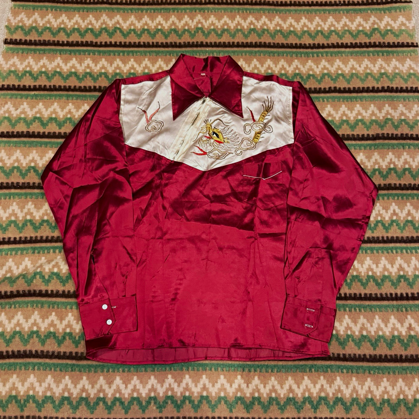 VTG 40s 50s Japanese Sukajan Asymmetrical Zip Souvenir Shirt Size Large Red