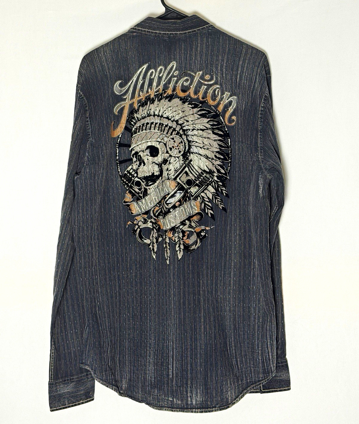 NWT Affliction American Customs Indian Skull Headdress Button Down Shirt Men\'s NWT Affliction American Customs Indian Skull Headdress Button Down Shirt Men\'s