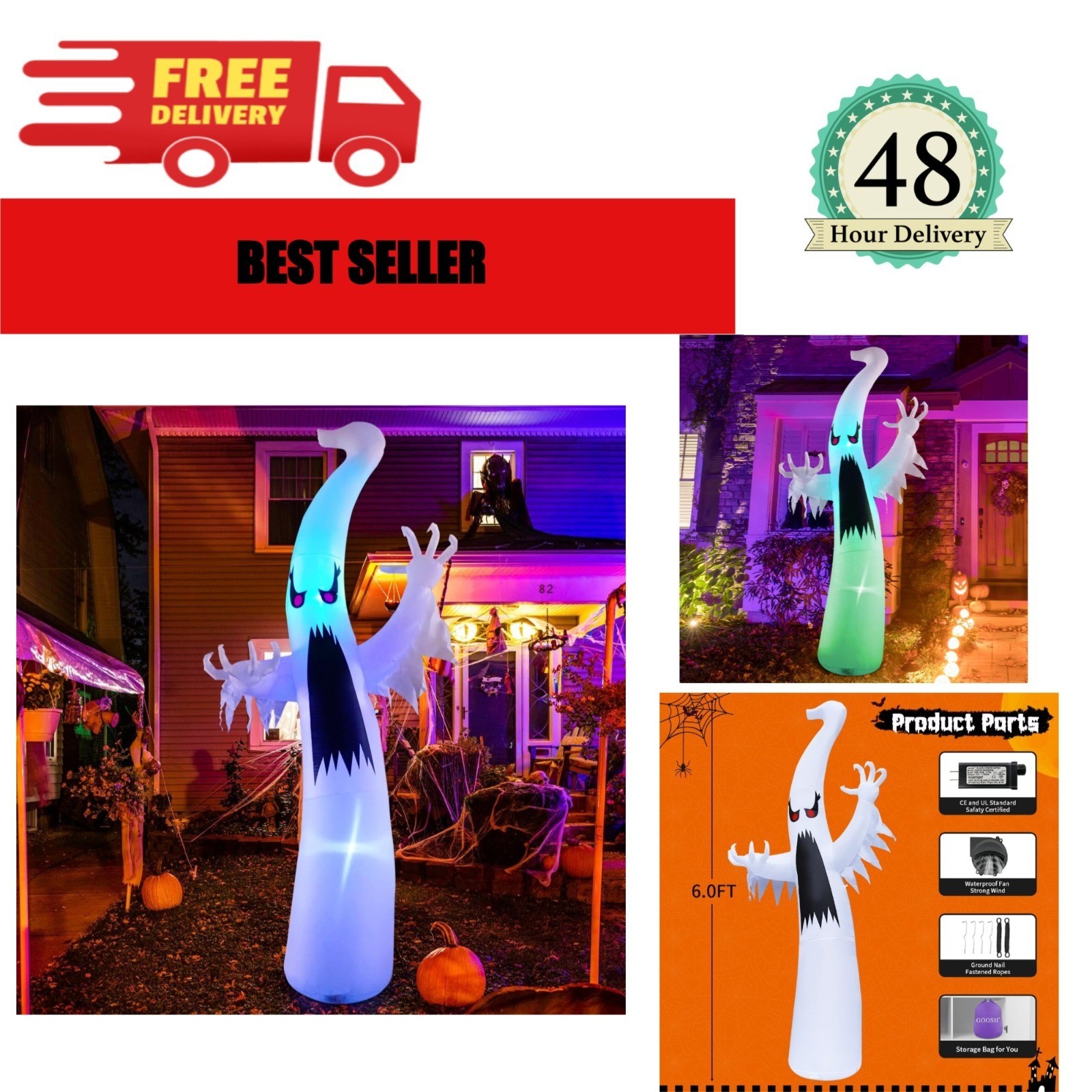 GOOSH Halloween Inflatable Ghost 12 FT Outdoor Yard Decoration with Red Eyes &