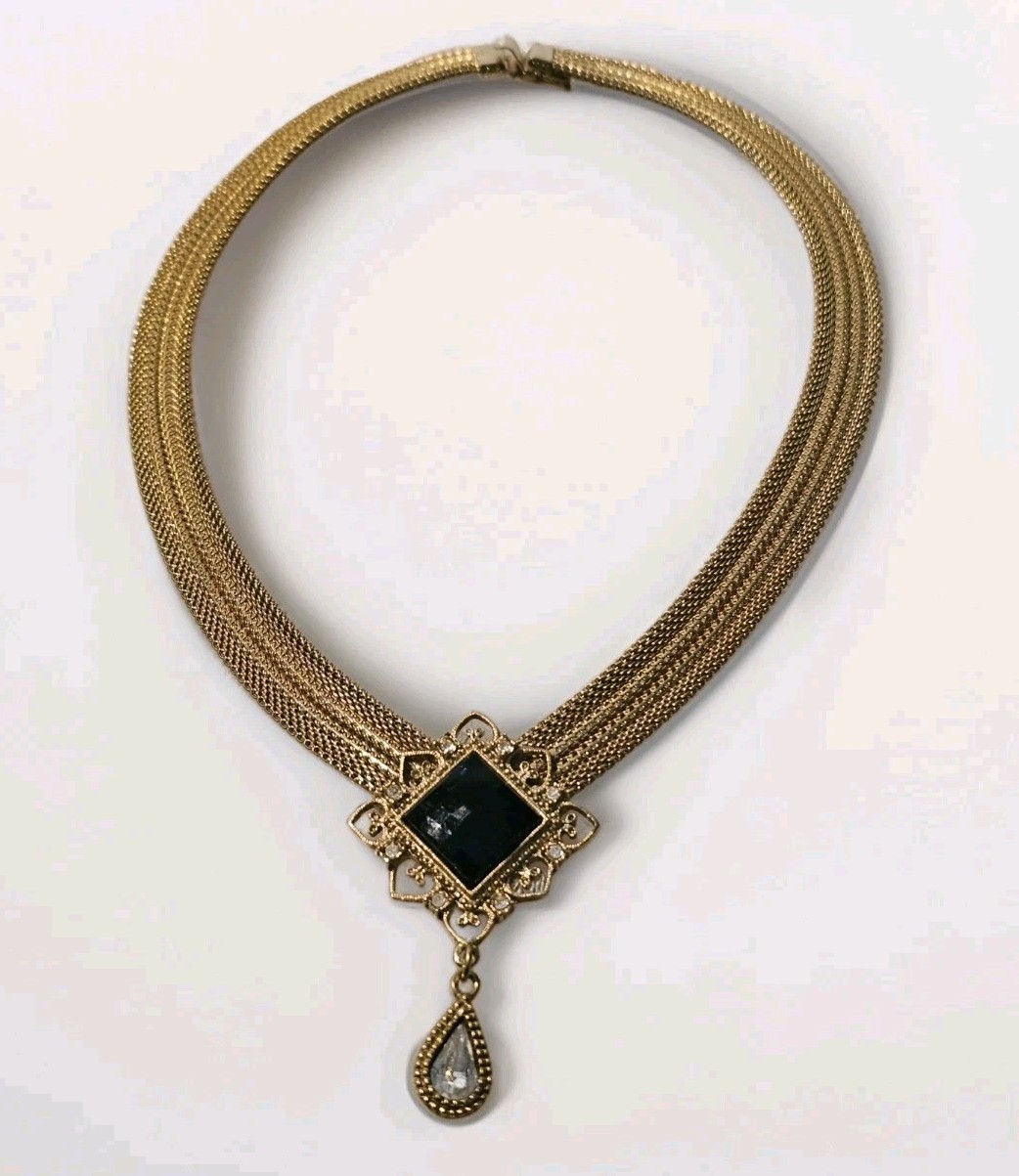 Vintage 1928 Jewelry Co Gold Tone Multi Strand Mesh Collar Necklace Black Onyx