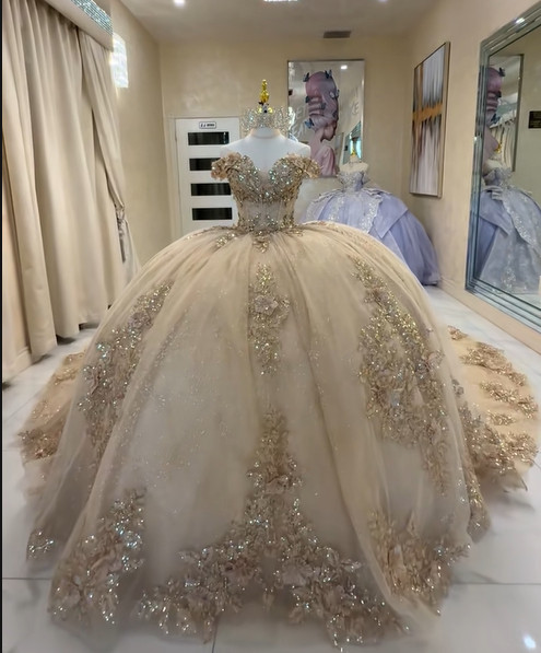 Champagne Quinceanera Dresses Off The Shoulder 3D Flowers Sweet 15 16 Ball Gown