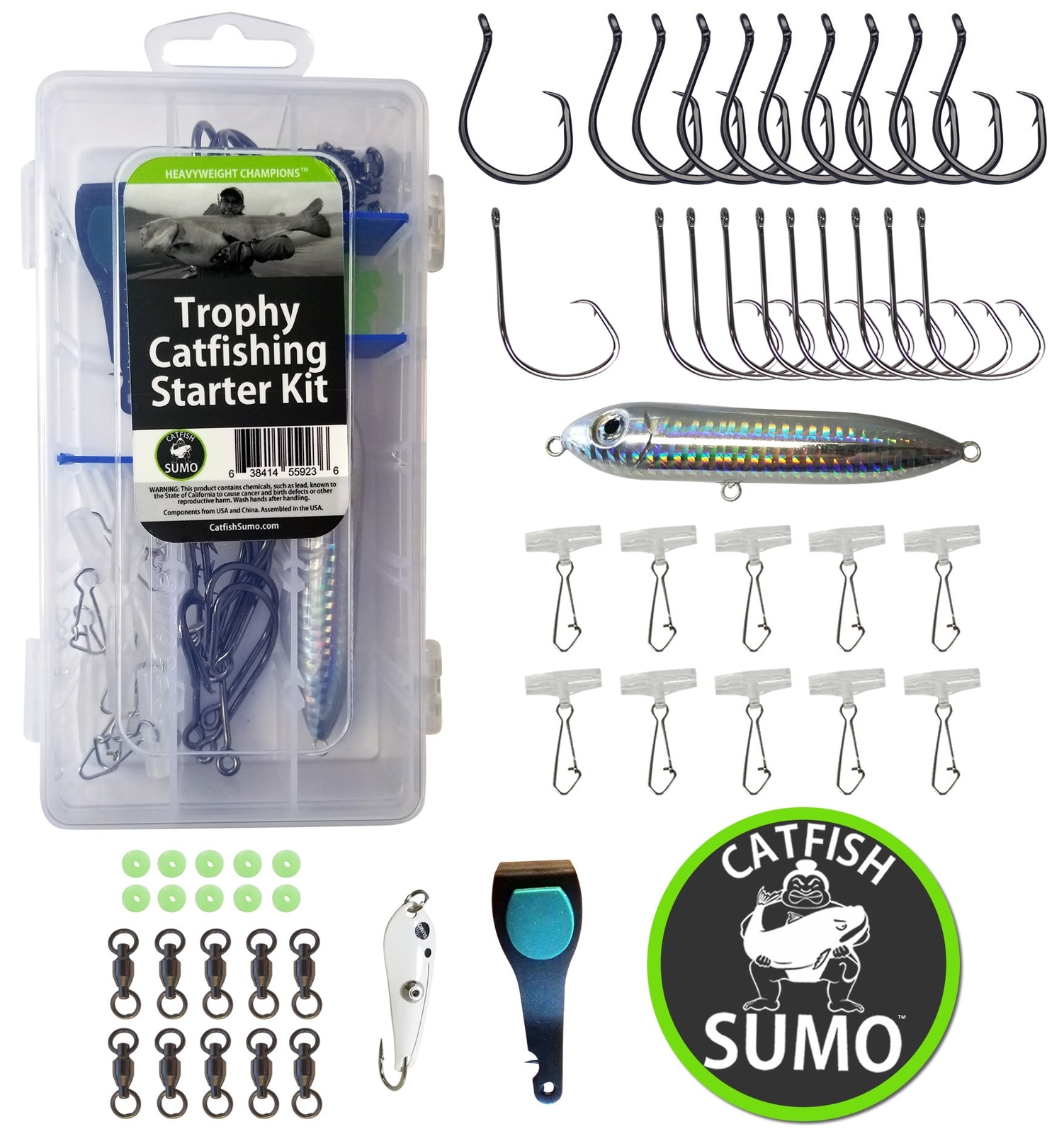 Complete Trophy Catfishing Starter Kit - 55 Pieces: Hooks, Swivels, Rattle, More