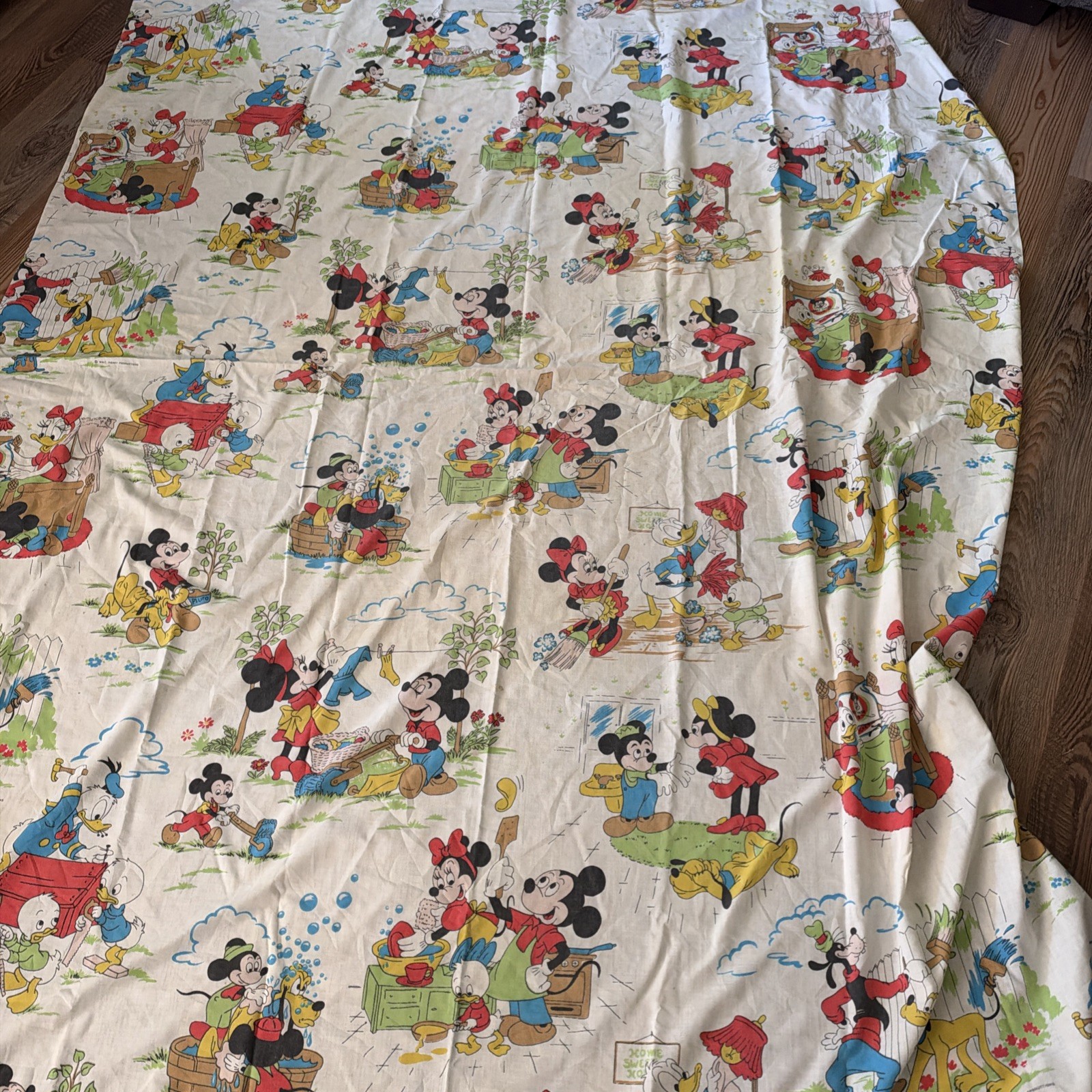 Vintage Walt Disney Productions 1960s Mickey and Friends Doing Chores Flat Sheet Vintage Walt Disney Productions 1960s Mickey and Friends Doing Chores Flat Sheet