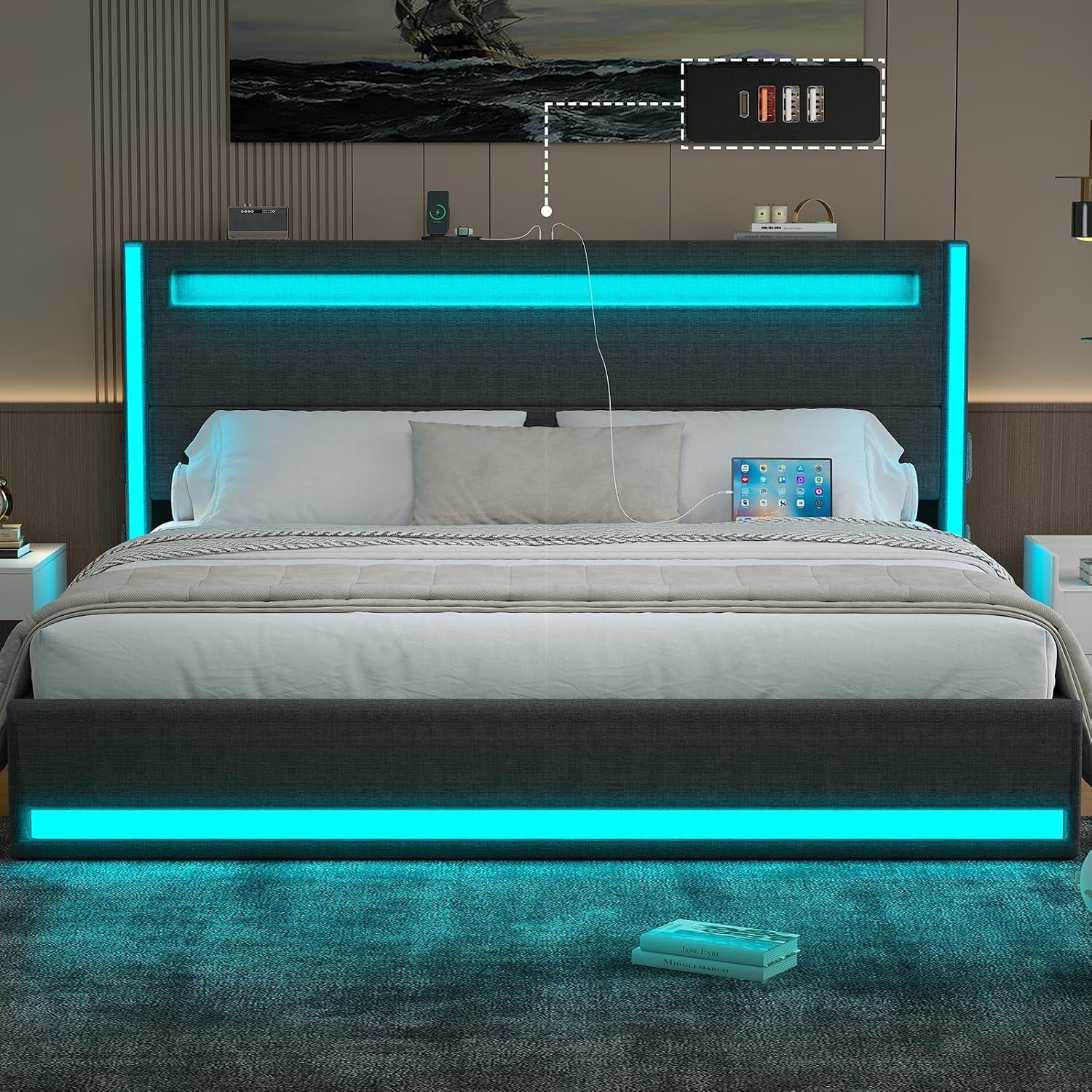 King Size LED Bed Frame with Adjustable Headboard & USB/Type-C Charging King Size LED Bed Frame with Adjustable Headboard & USB/Type-C Charging