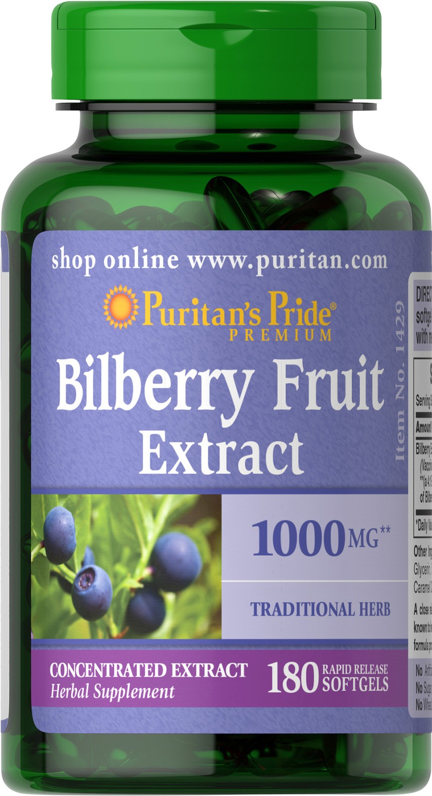 Puritan\'s Pride Bilberry 1000 mg - 180 Softgels