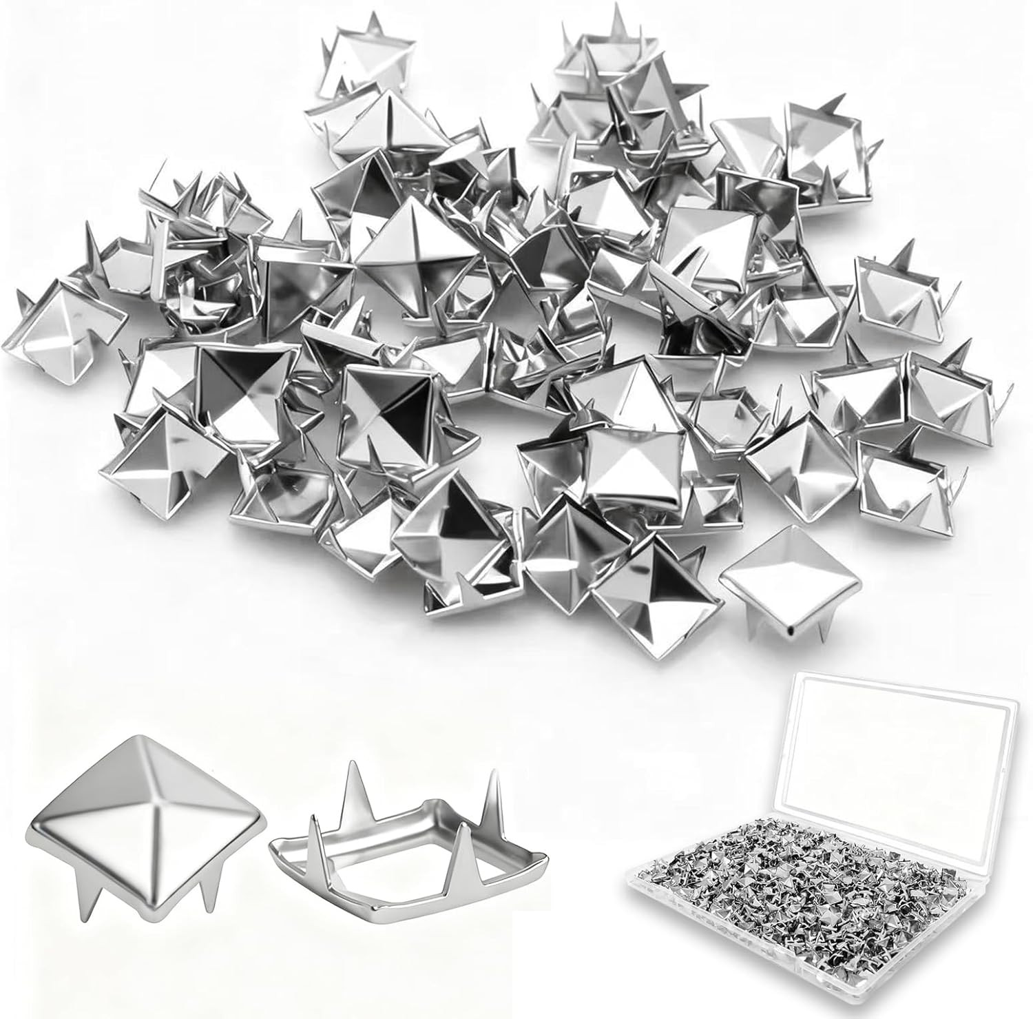 500PCS 10Mm 4-Prong Square Spikes, Silver Metal Pyramid Studs