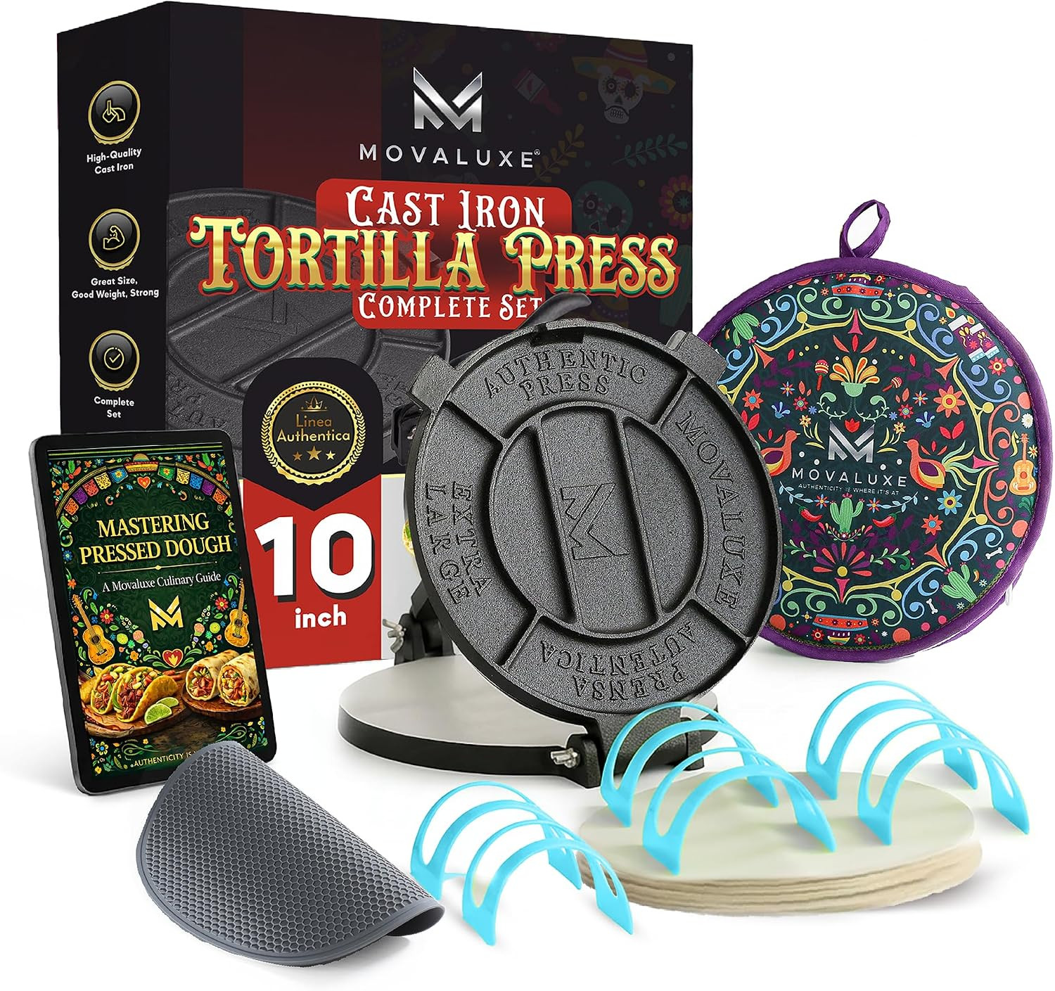 Tortilla Press 10 Inch Large, Cast Iron Tortilla Maker Complete Press Kit Tortilla Press 10 Inch Large, Cast Iron Tortilla Maker Complete Press Kit