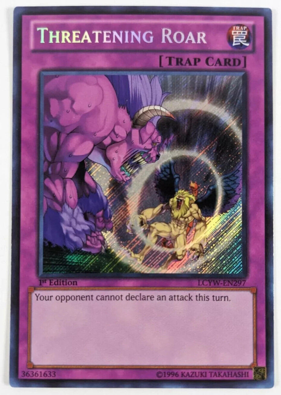 SECRET RARE Threatening Roar 1st Edition Yugioh LCYW-EN297 Legendary Yugi - LP SECRET RARE Threatening Roar 1st Edition Yugioh LCYW-EN297 Legendary Yugi - LP