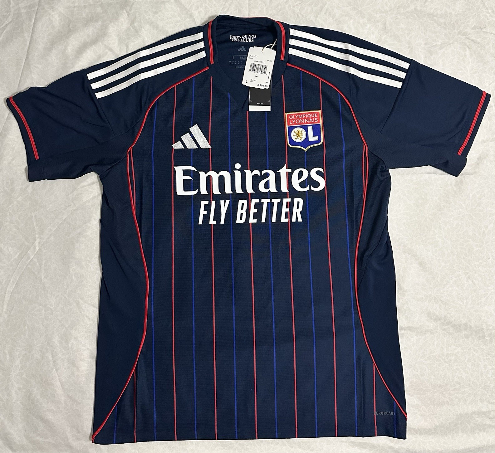 Adidas Olympique Lyonnais OL Short Sleeve Soccer Jersey L Blue Polyester Adidas Olympique Lyonnais OL Short Sleeve Soccer Jersey L Blue Polyester