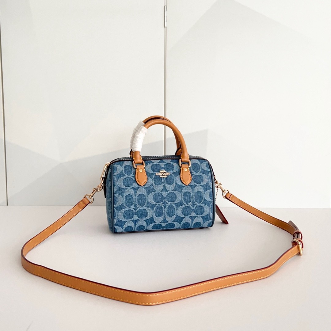 Coach CY742 Blue Signature Mini Satchel Crossbody Bag Tan Trim New w/ Tags