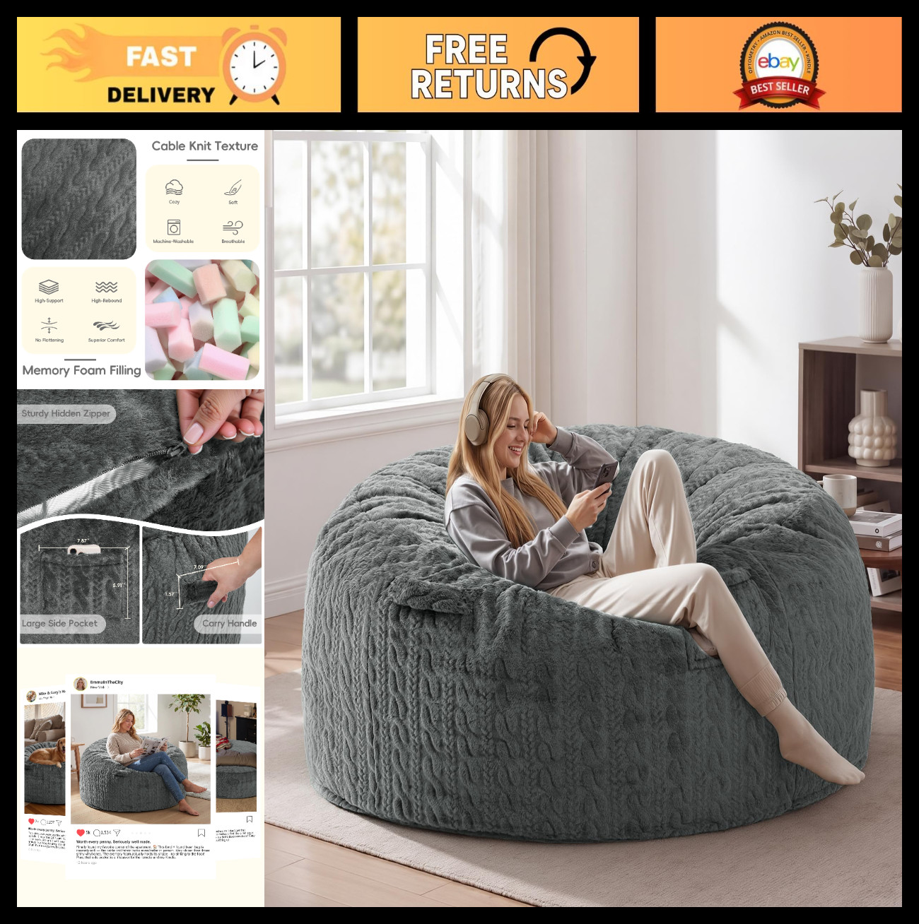 Giant 5FT Bean Bag Chair for Adults - Memory Foam, Removable Cover, Luxurious Fa