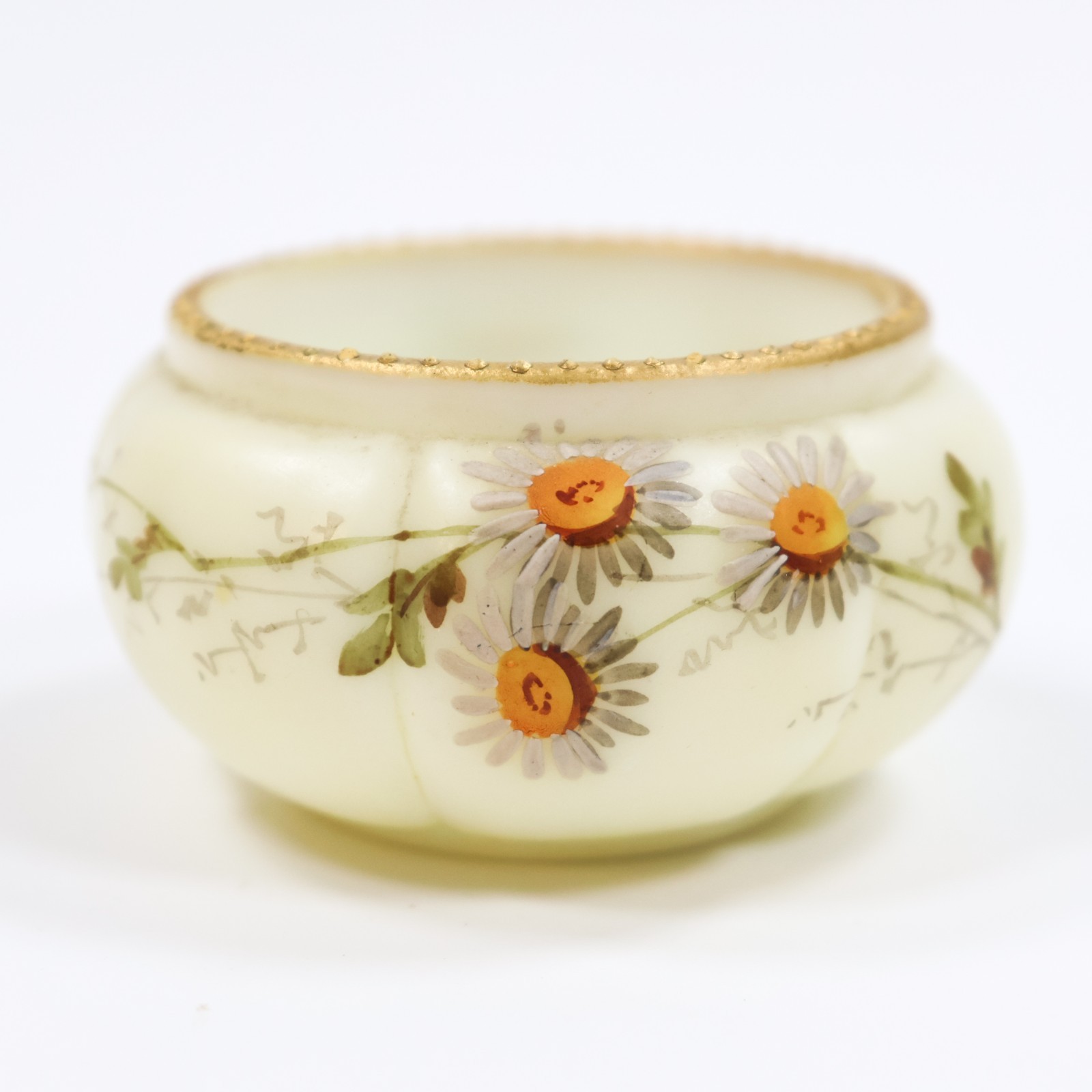 Antique Mt Washington Art Glass Floral Decorated Gilt Open Salt Cellar Daisies Antique Mt Washington Art Glass Floral Decorated Gilt Open Salt Cellar Daisies