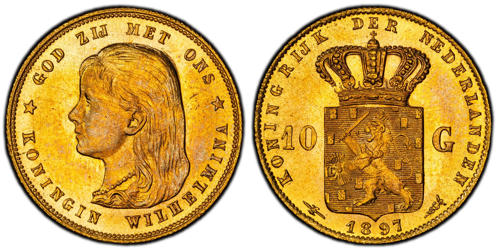NETHERLANDS. Wilhelmina I. 1897 (Halberd) AV 10 Gulden. NGC MS65. KM 118  Fr-34