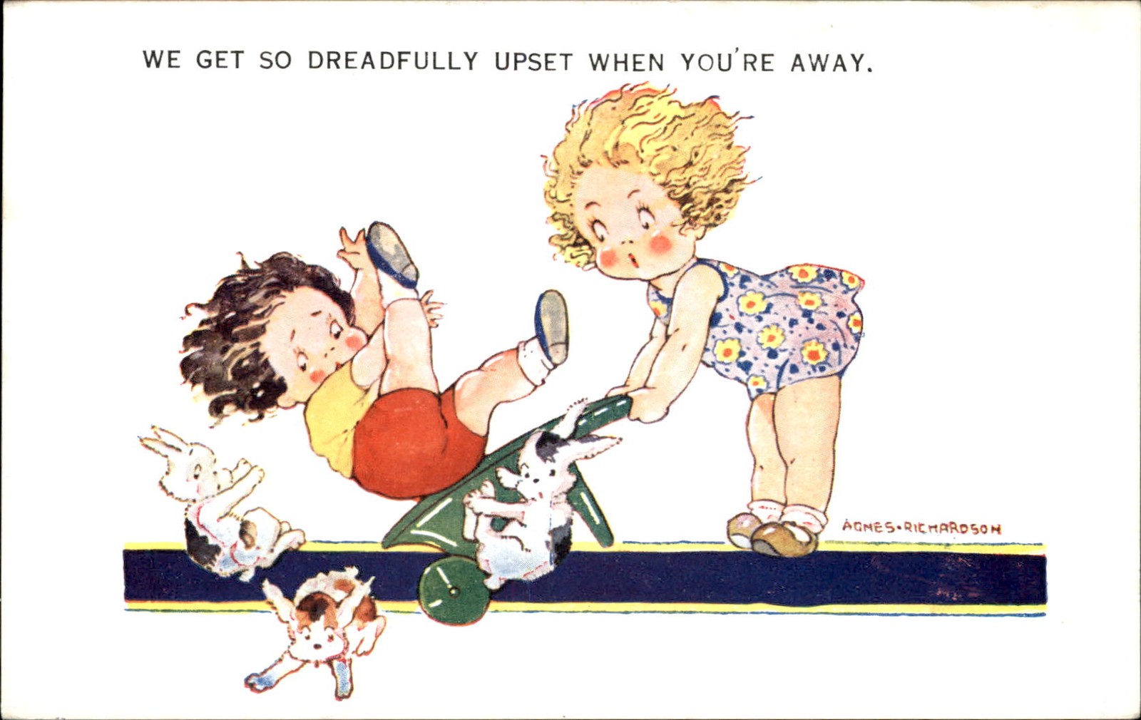 Children on seesaw with bunnies Humor c1910s-20s Vintage Postcard