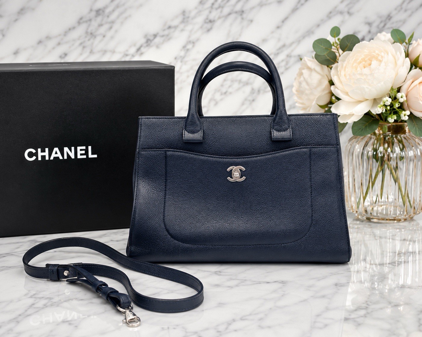 Authentic CHANEL Navy Blue Caviar Leather Top Handle Tote Shoulder Bag Silver CC