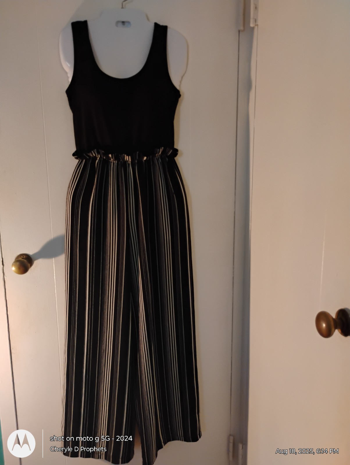 LILY ROSE Jumpsuit Black And White Stripe Elastic Ruffle Waist S