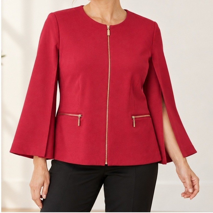 Chico\'s Cape Jacket Red Full Zip Ponte Knit Gold Hardware SZ LG Night Out