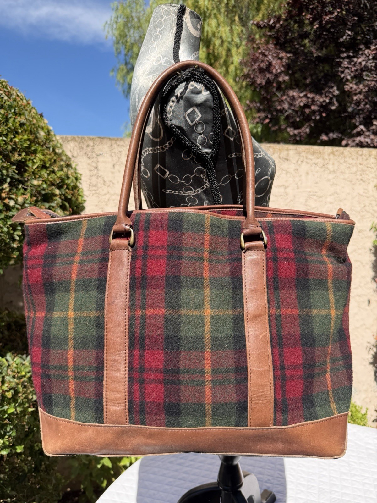 Vintage LL Bean Large Red Tartan Plaid Wool & Leather Carryall Boat Tote Bag
