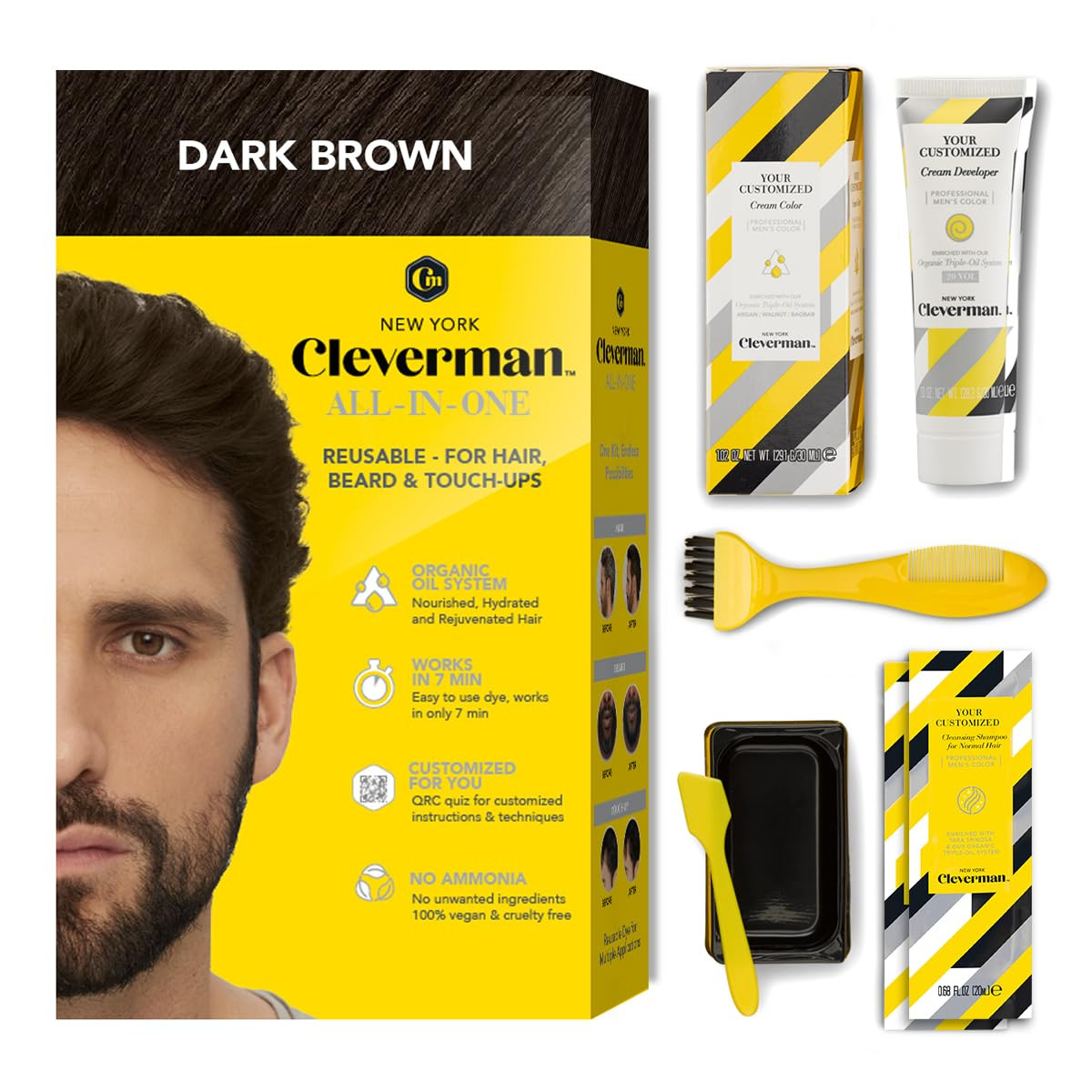 Dark Brown Hair & Beard Dye Kit for Men - Natural-Looking Gray Coverage, Profess