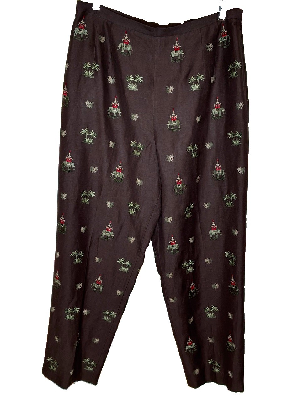 Talbots Petites Silk Linen Brown Embroidered Elephant Pants Size 12