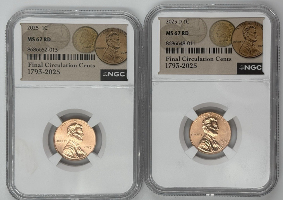 2025 P D Lincoln Shield Cent 1c NGC MS 67 ⭐Final Circulation Label⭐2 Coin Set