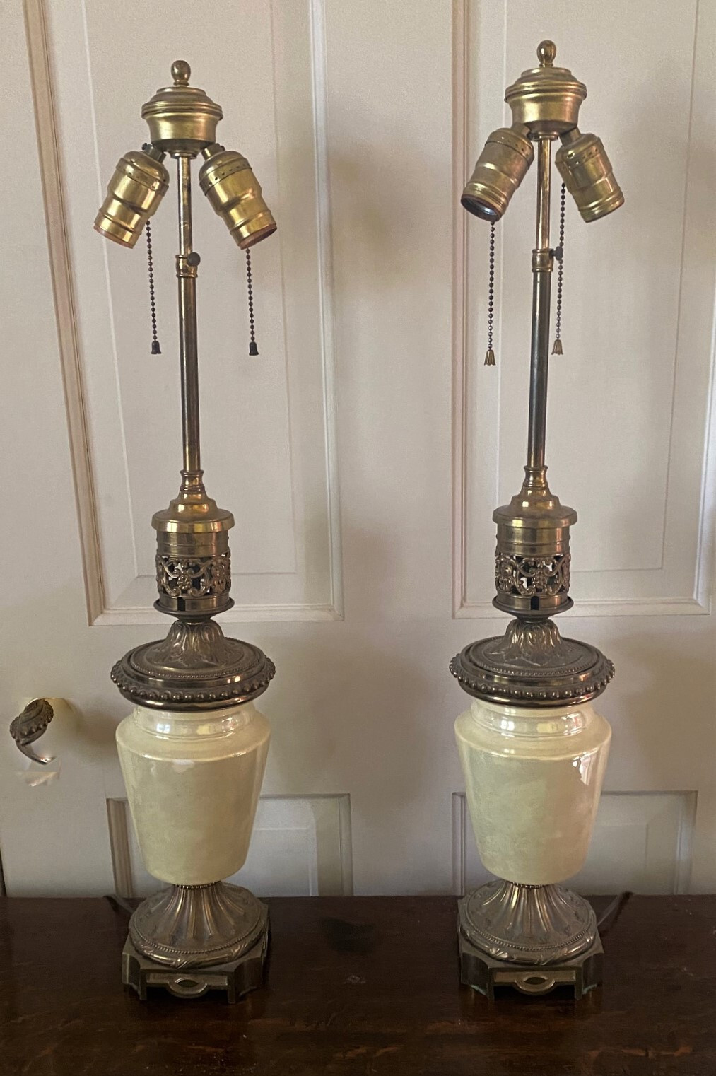 PAIR of 2 Antique French Yellow Lustre & Gilt Bronze Dore Table Lamps - 27 PAIR of 2 Antique French Yellow Lustre & Gilt Bronze Dore Table Lamps - 27