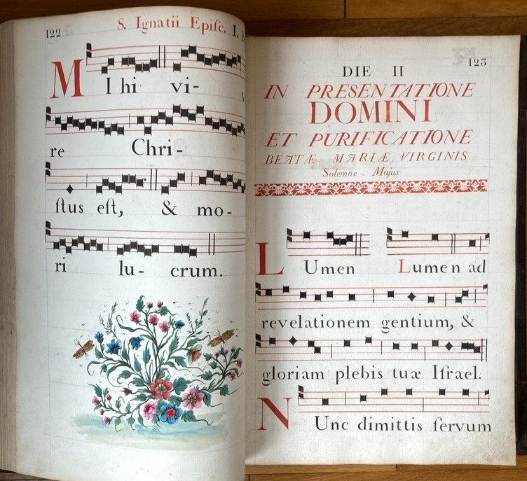 MASSIVE 18th C French Gradual Choir Book Stenciled Manuscript Hand Painted