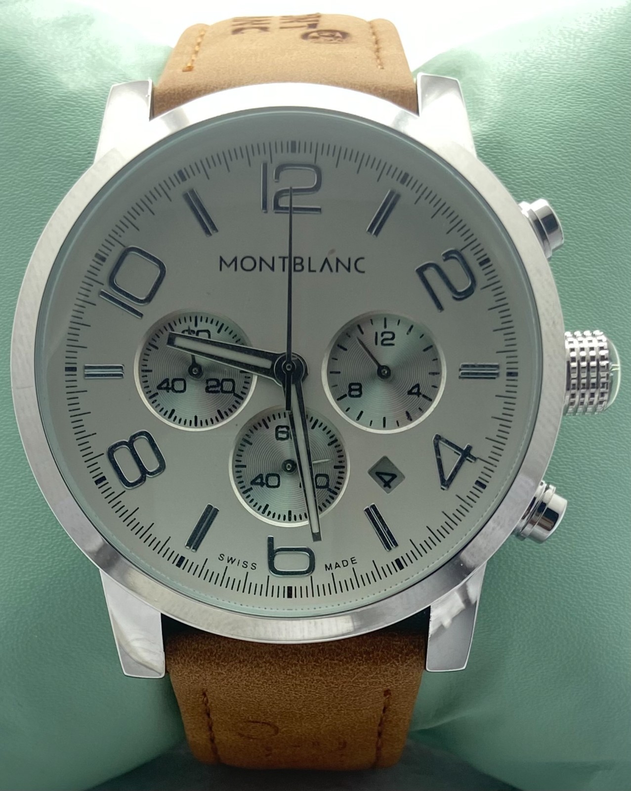 Refurbished Montblanc White Dial Chrono Men\'s Quartz Wristwatch Leather Strap
