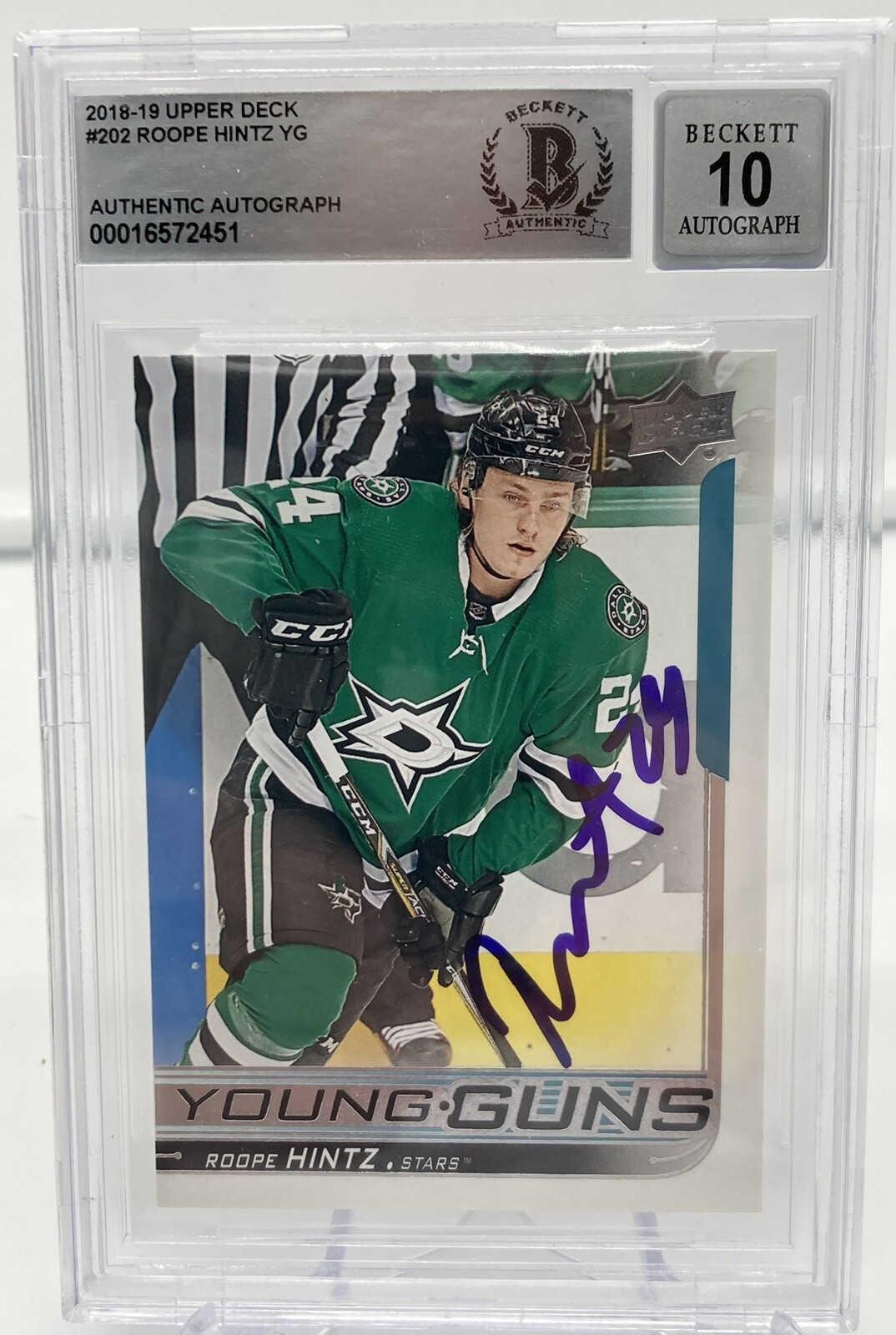 Roope Hintz Signed 2018-19 Upper Deck Young Guns RC BAS Autograph Grade 10