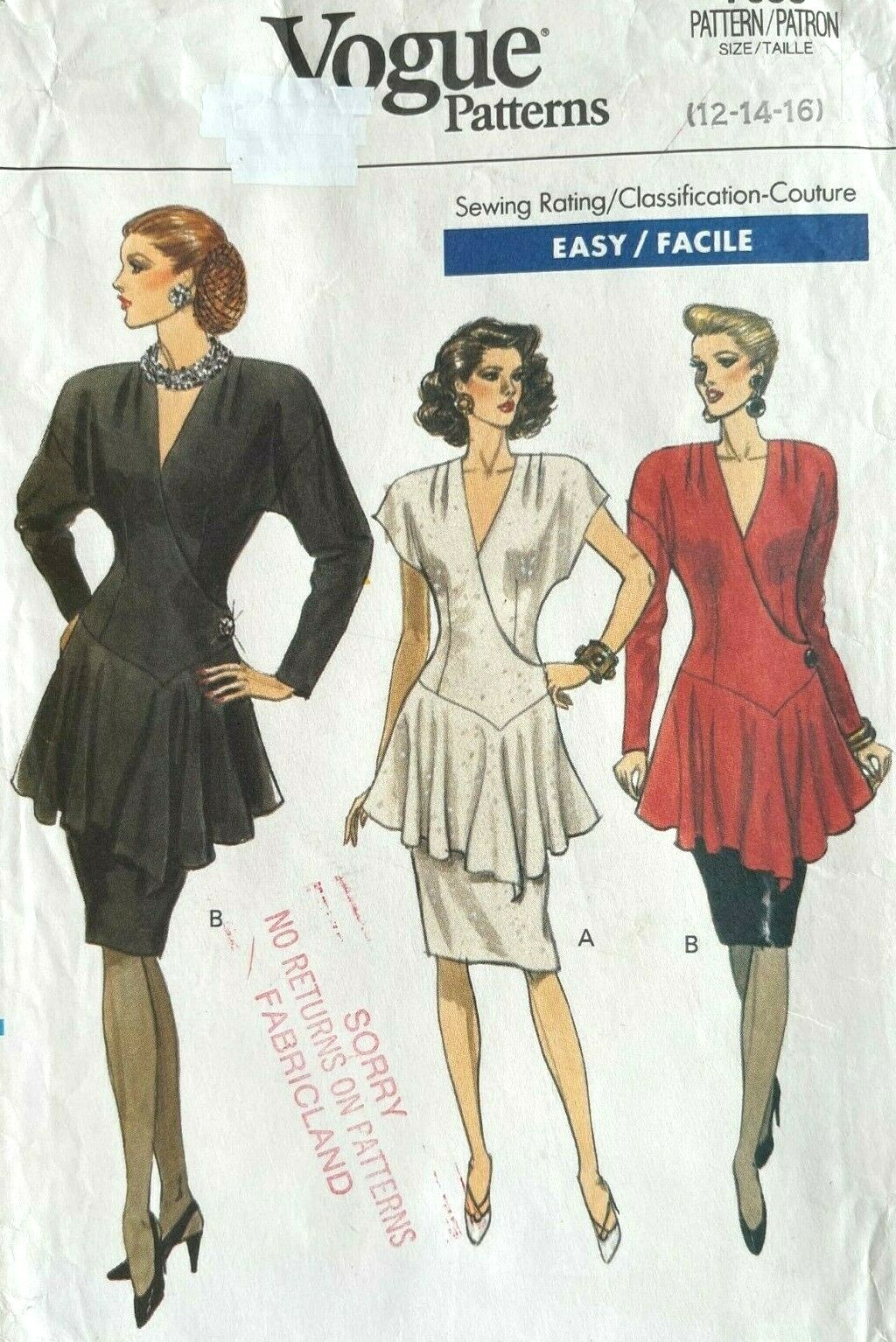 1980's  VOGUE Misses' Top & Skirt Pattern 7658 Size 12-16 UNCUT