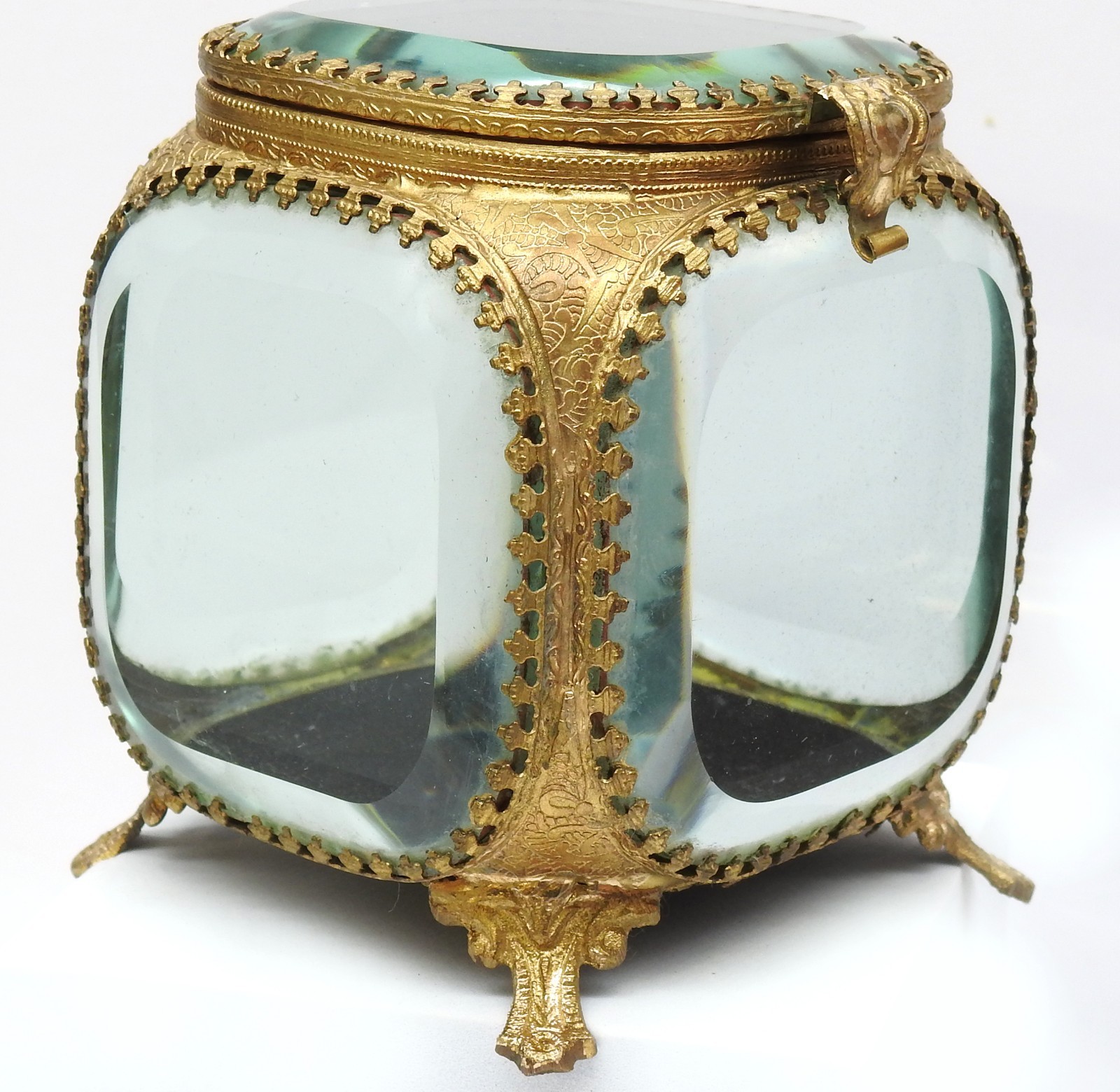 Antique Ormolu Beveled Glass Casket Jewelry Box Gold Filigree French Style