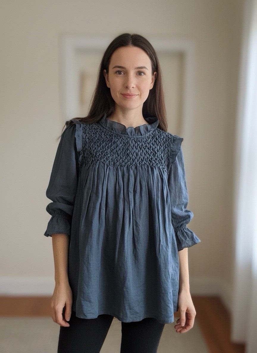 XS) NEW SEA NY Teal Blue Smocked Ruffle Button Back Lightweight Ramie Blouse