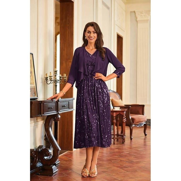 Grace Karin Purple Sequin Midi Dress & Chiffon Jacket Outfit Size 12