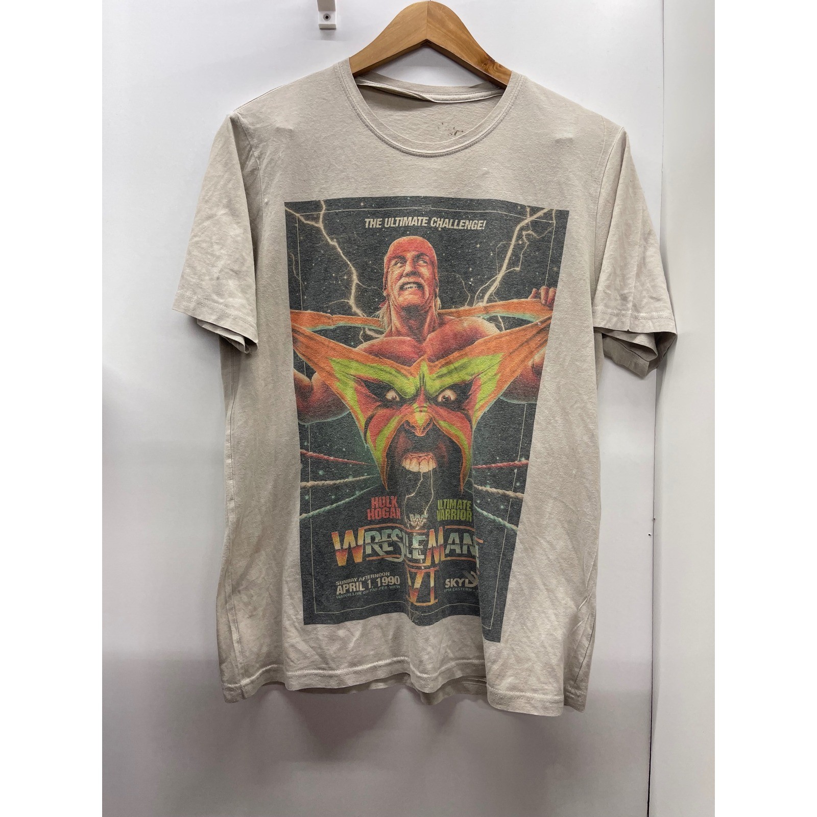 Vintage 1990 WrestleMania VI T-Shirt Hulk Hogan vs Ultimate Warrior Tan Large Vintage 1990 WrestleMania VI T-Shirt Hulk Hogan vs Ultimate Warrior Tan Large